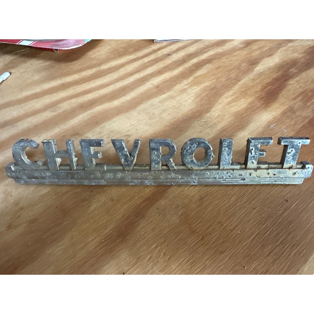 Vintage Chevrolet Metal Script Emblem Chrome Hood Trunk Badge Ornament Patina